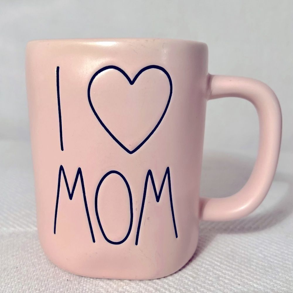 Rae Dunn Mug PINK I LOVE (heart) MOM Ceramic Cup Dishwasher Safe Magenta.